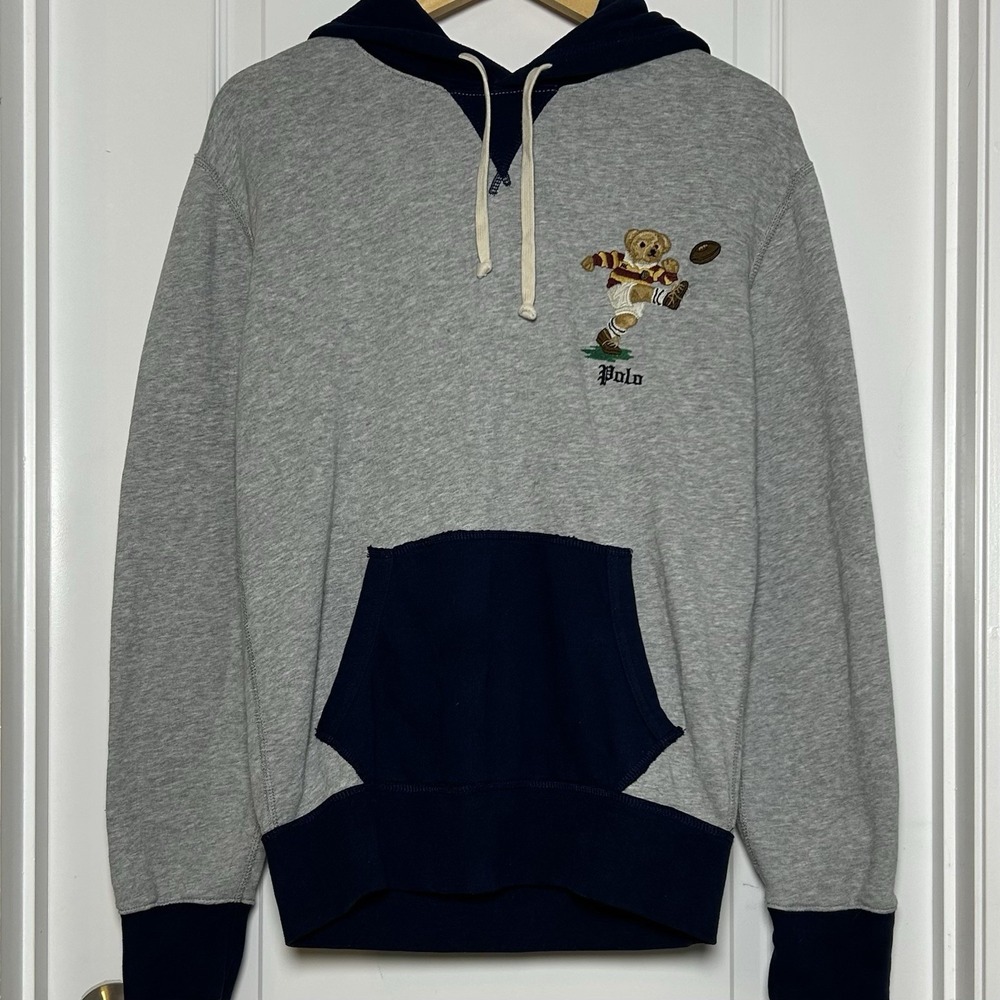 Polo Ralph Lauren Cotton Blend Gray Navy Embroidered Rugby Polo Bear Hoodie